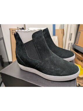 Sorel Women's 5 Out N About Slip-On Wedge Bootie Black White Waterproof Size 8